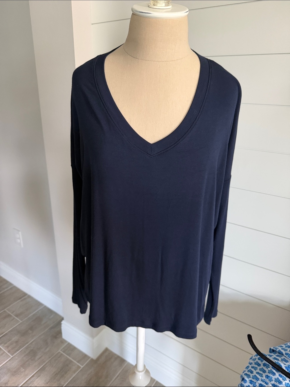 Cabi Women's Lighthouse Tee V-Neck Long Sleeve Top — Navy with White stripes